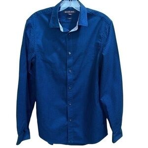 Michael Kors Checker Blue Black Slim Fit Button Down Long Sleeve Shirt Mens S